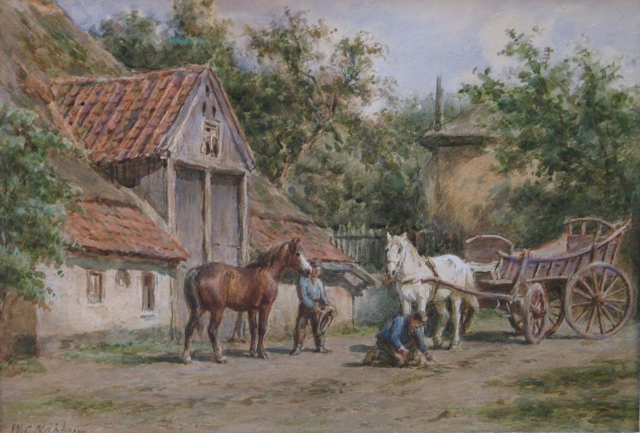 Nakken W.K.  | Willem Karel 'W.C.' Nakken, Het aanspannen van de paarden, aquarel op papier 28,3 x 39,2 cm, gesigneerd linksonder