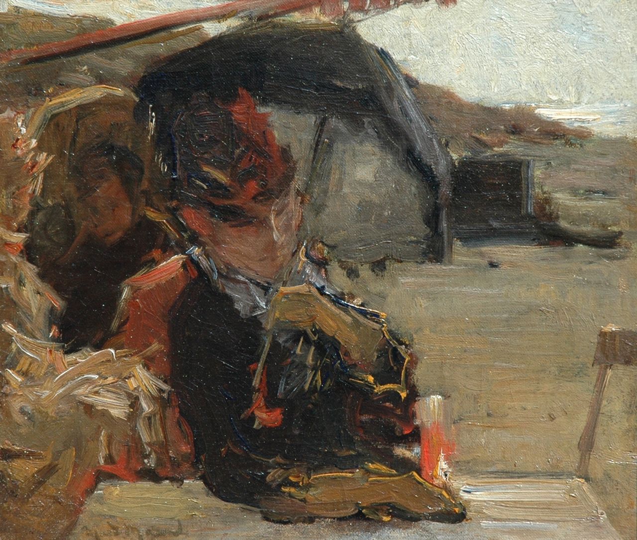 Maarel M. van der | Marinus van der Maarel, Vrouw op het terras van Zeerust, Scheveningen, olieverf op doek op paneel 23,8 x 27,2 cm, gesigneerd linksonder