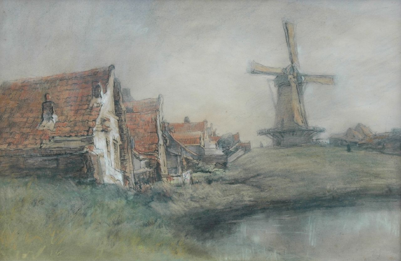 Wijsmuller J.H.  | Jan Hillebrand Wijsmuller, Huizen en molen in Hollands landschap, gekleurd krijt op papier 40,0 x 59,0 cm, gesigneerd rechtsonder