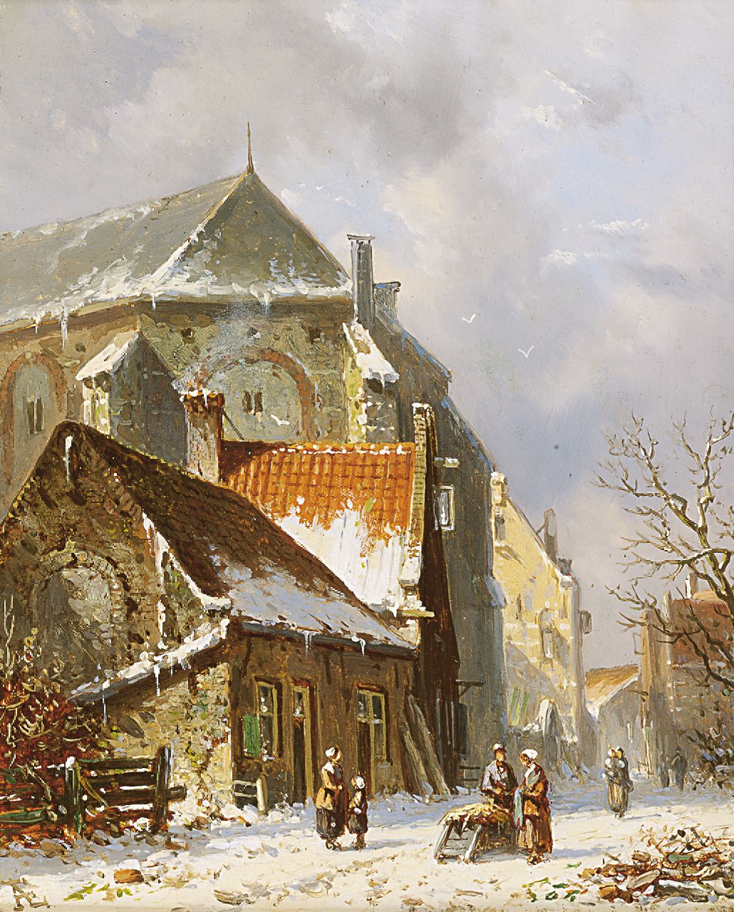 Eversen A.  | Adrianus Eversen, Figuren in een met sneeuw bedekt straatje, olieverf op paneel 19,1 x 15,2 cm, gesigneerd linksonder met monogram