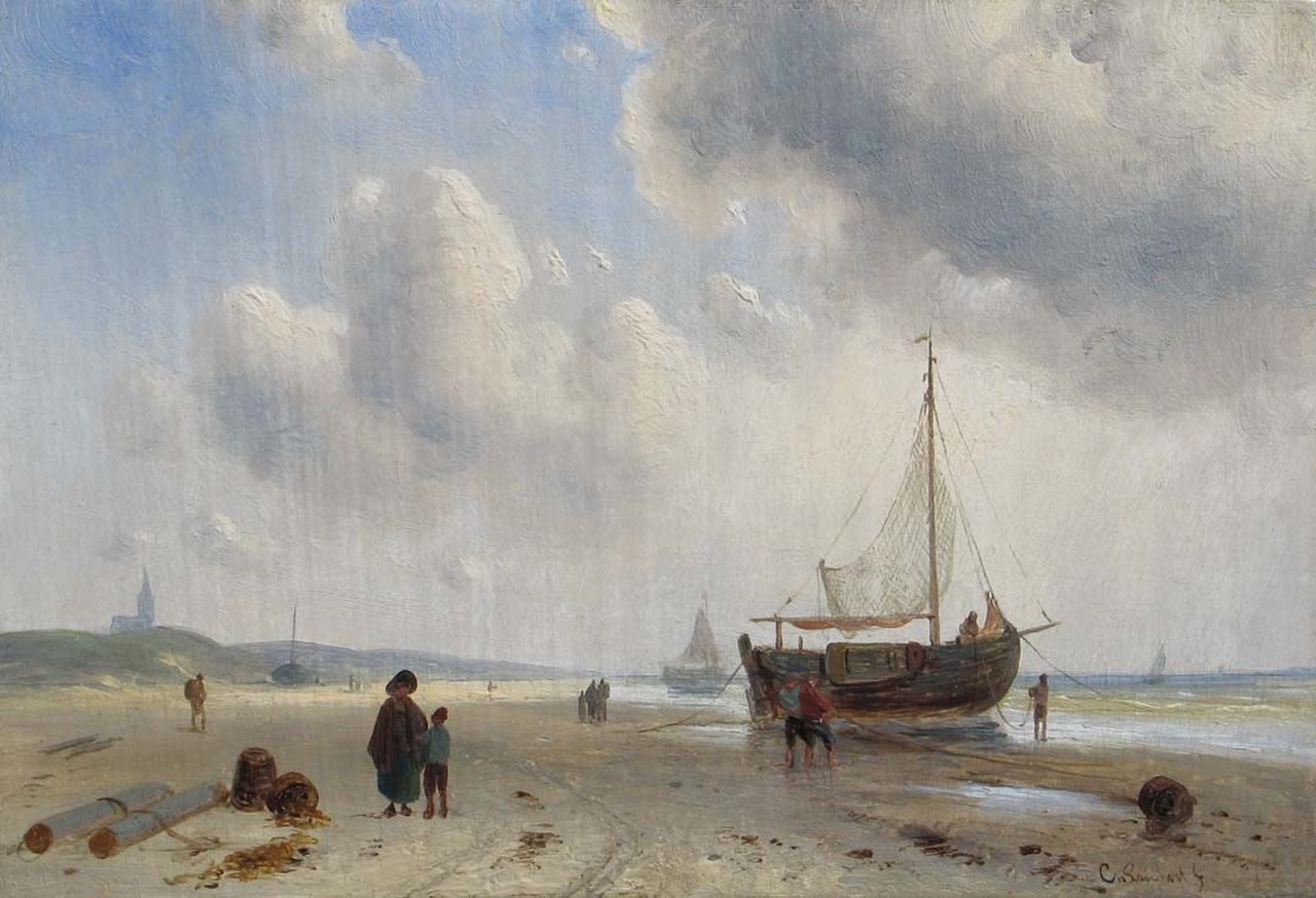 Leickert C.H.J.  | 'Charles' Henri Joseph Leickert, Bomschuiten en vissers op het strand van Scheveningen, olieverf op paneel 15,8 x 23,2 cm, gesigneerd rechtsonder
