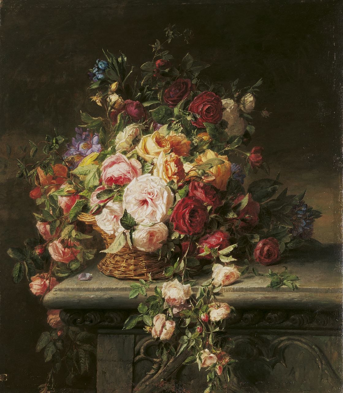 Haanen A.J.  | Adriana Johanna Haanen, Mand met rozen op een tuinbank, olieverf op doek 101,5 x 88,0 cm, gesigneerd links van het midden.