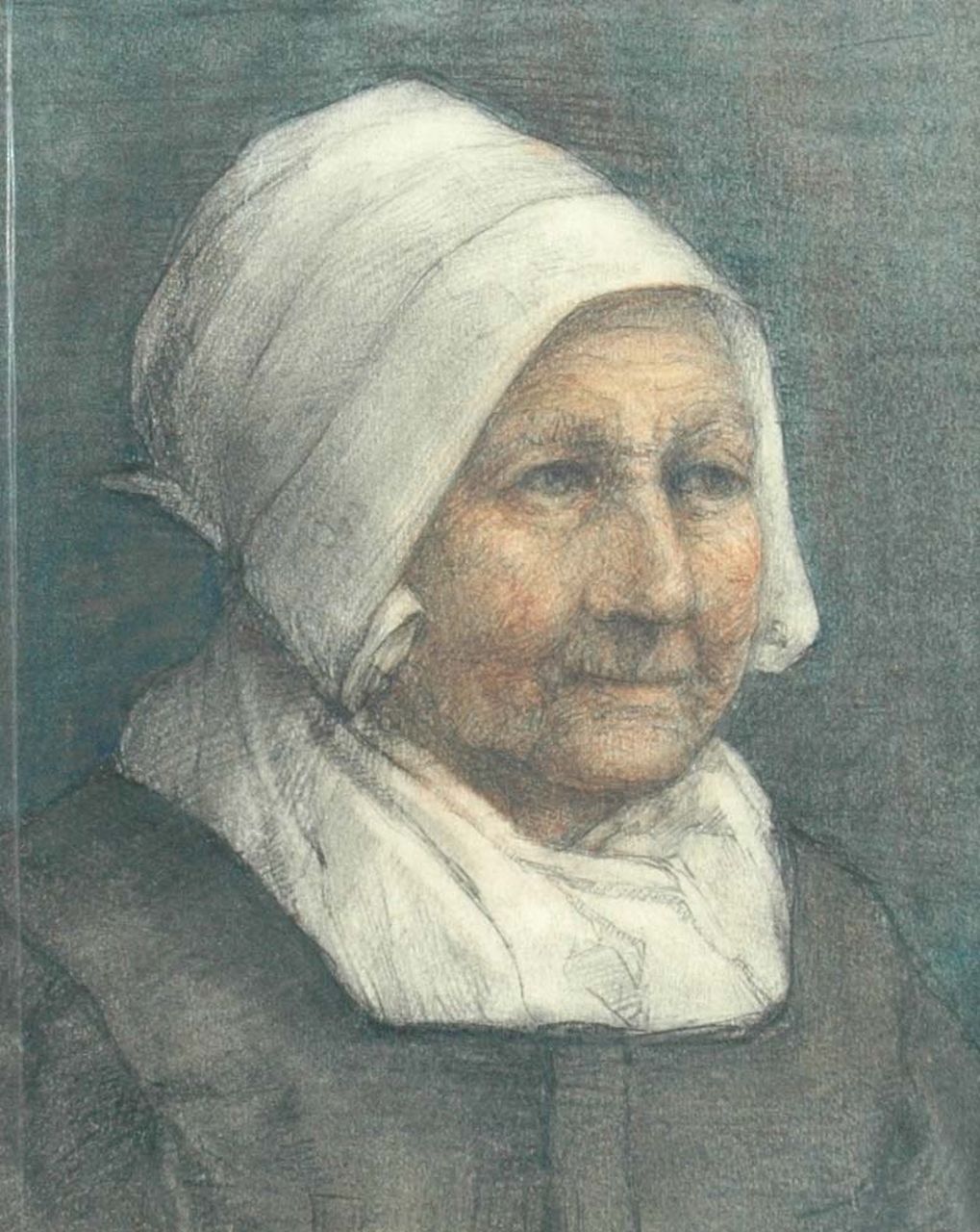 Fritzlin M.C.L.  | Maria Charlotta 'Louise' Fritzlin, Portret van een vrouw met muts, zwart en gekleurd krijt op papier 17,0 x 13,2 cm
