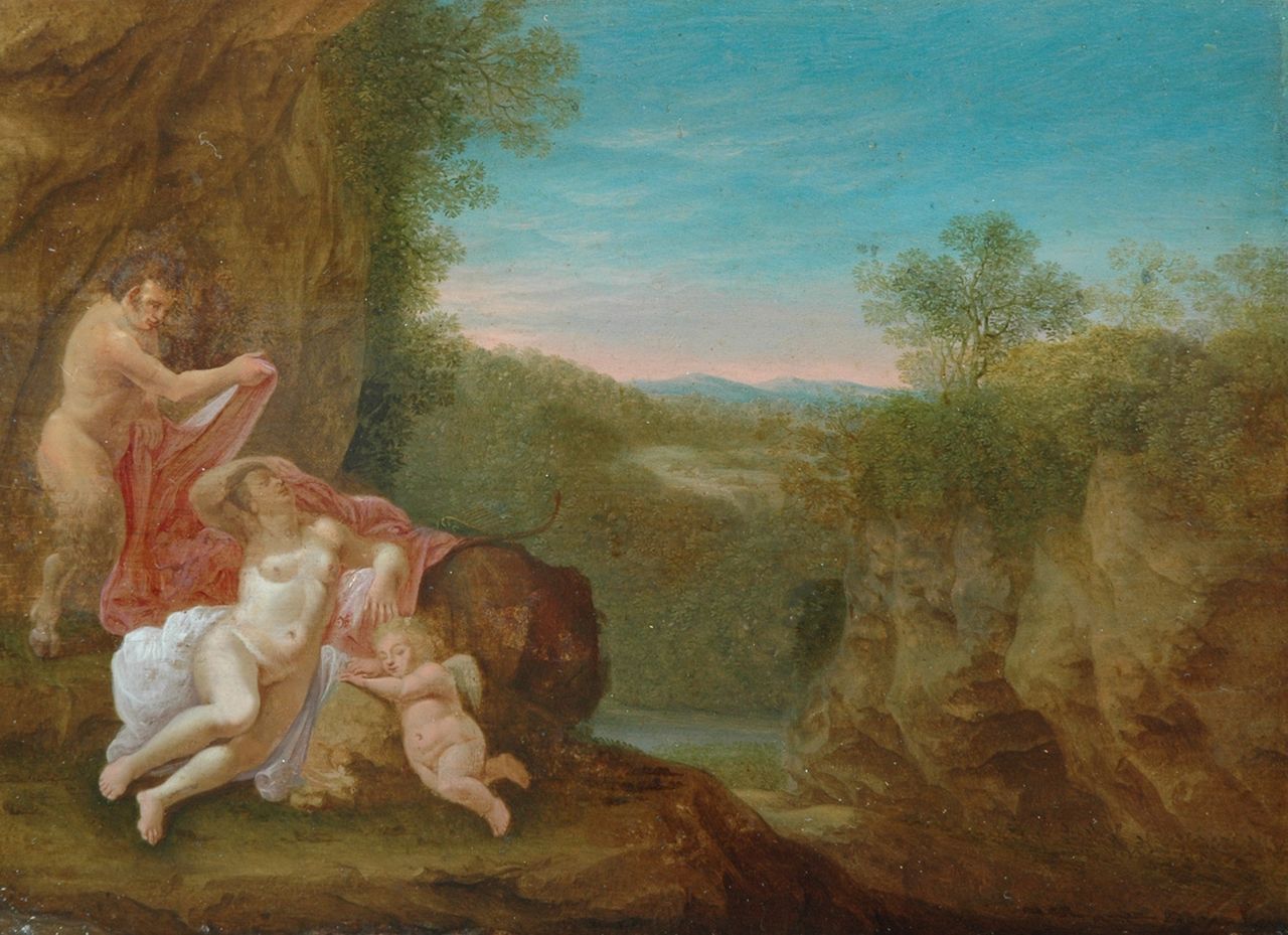 Hollandse School, 19e eeuw   | Hollandse School, 19e eeuw | Schilderijen te koop aangeboden | Venus en Satyr, olieverf op paneel 24,4 x 33,3 cm