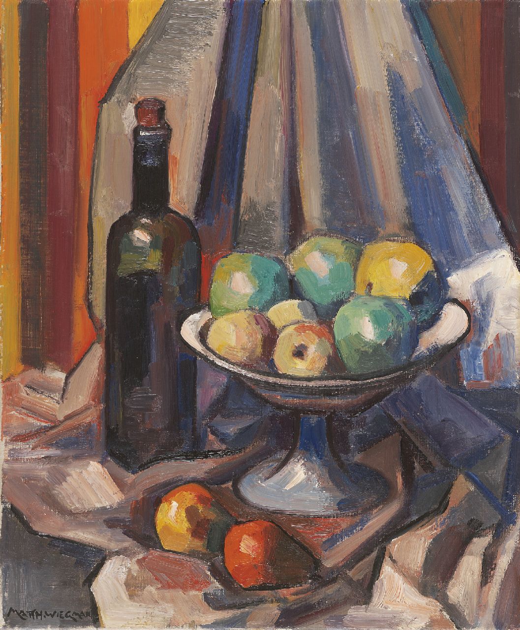 Wiegman M.J.M.  | Mattheus Johannes Marie 'Matthieu' Wiegman, Stilleven met fruitschaal en fles, olieverf op doek 46,0 x 38,2 cm, gesigneerd linksonder