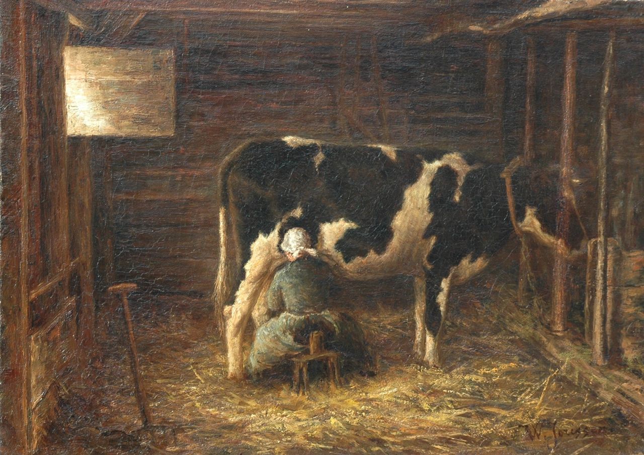 Jorissen W.  | Willem Jorissen, Melktijd in de stal, olieverf op doek 41,2 x 57,5 cm, gesigneerd rechtsonder