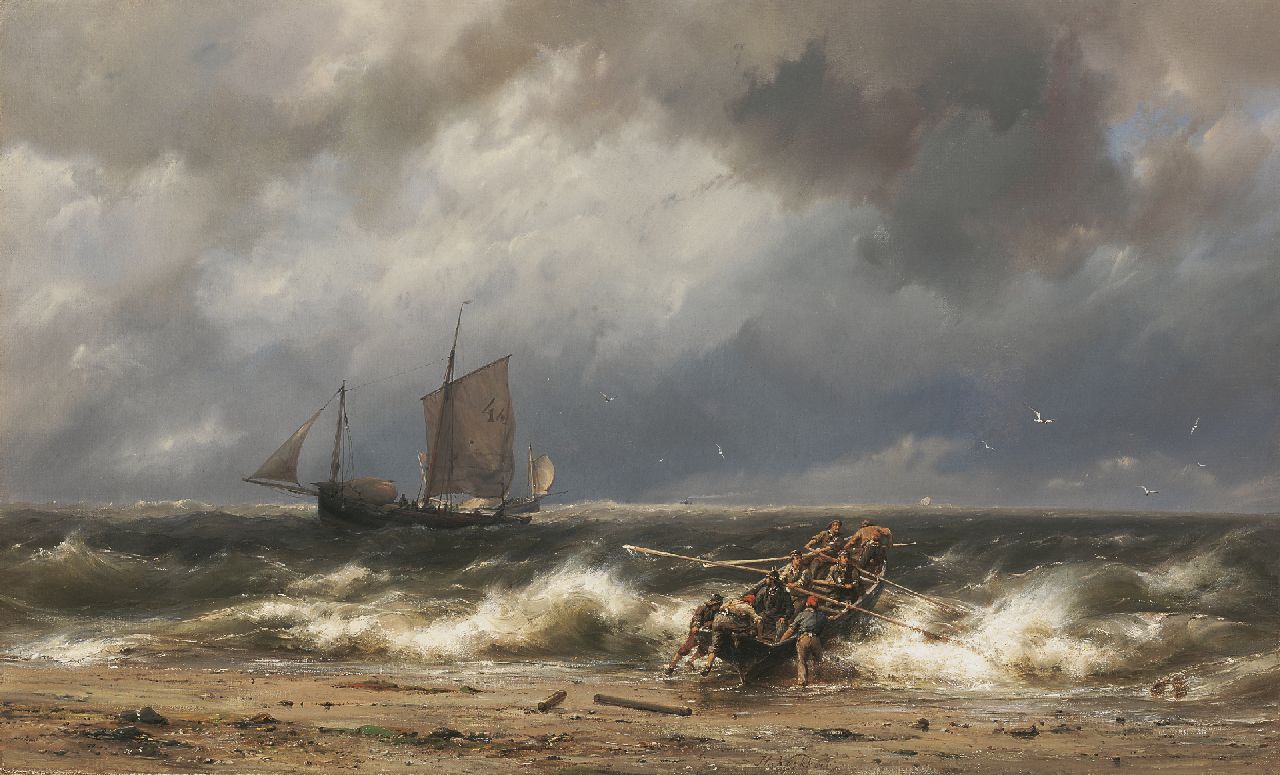 Koekkoek H.  | Hermanus Koekkoek, Zeilschepen en sloep onder de kust bij storm, olieverf op doek 46,1 x 76,6 cm, gesigneerd middenonder