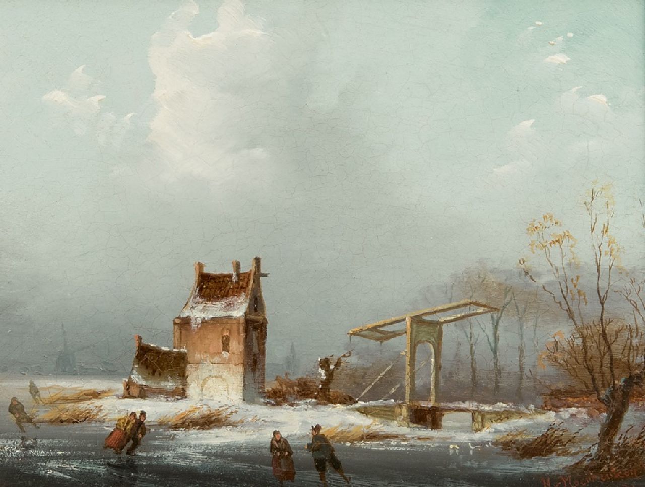 Hans van Moerkerken | Schaatsvolk bij een ophaalbrug, olieverf op paneel, 14,1 x 16,7 cm, gesigneerd r.o.