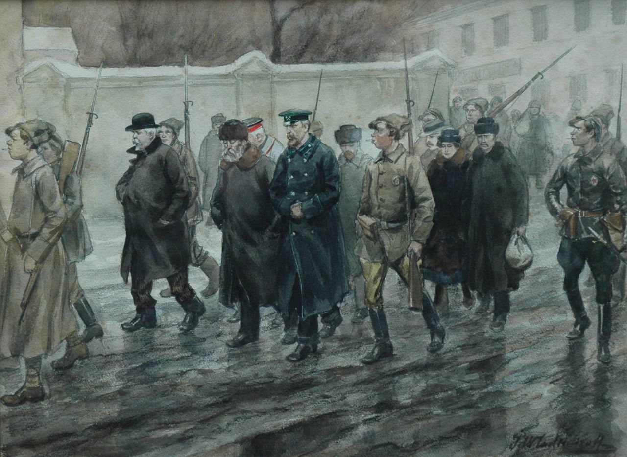 Vladimiroff I.A.  | Ivan Alexejevitsj Vladimiroff, Het afvoeren van de gevangenen, aquarel en gewassen inkt op papier 25,5 x 34,5 cm, gesigneerd rechtsonder en gedateerd 1918