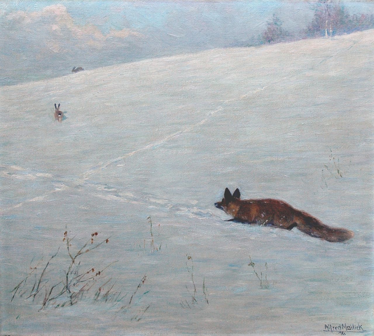 Mailick A.M.  | Alfred Moritz Mailick, Op jacht in de sneeuw, olieverf op doek 41,1 x 46,2 cm, gesigneerd rechtsonder en gedateerd '16