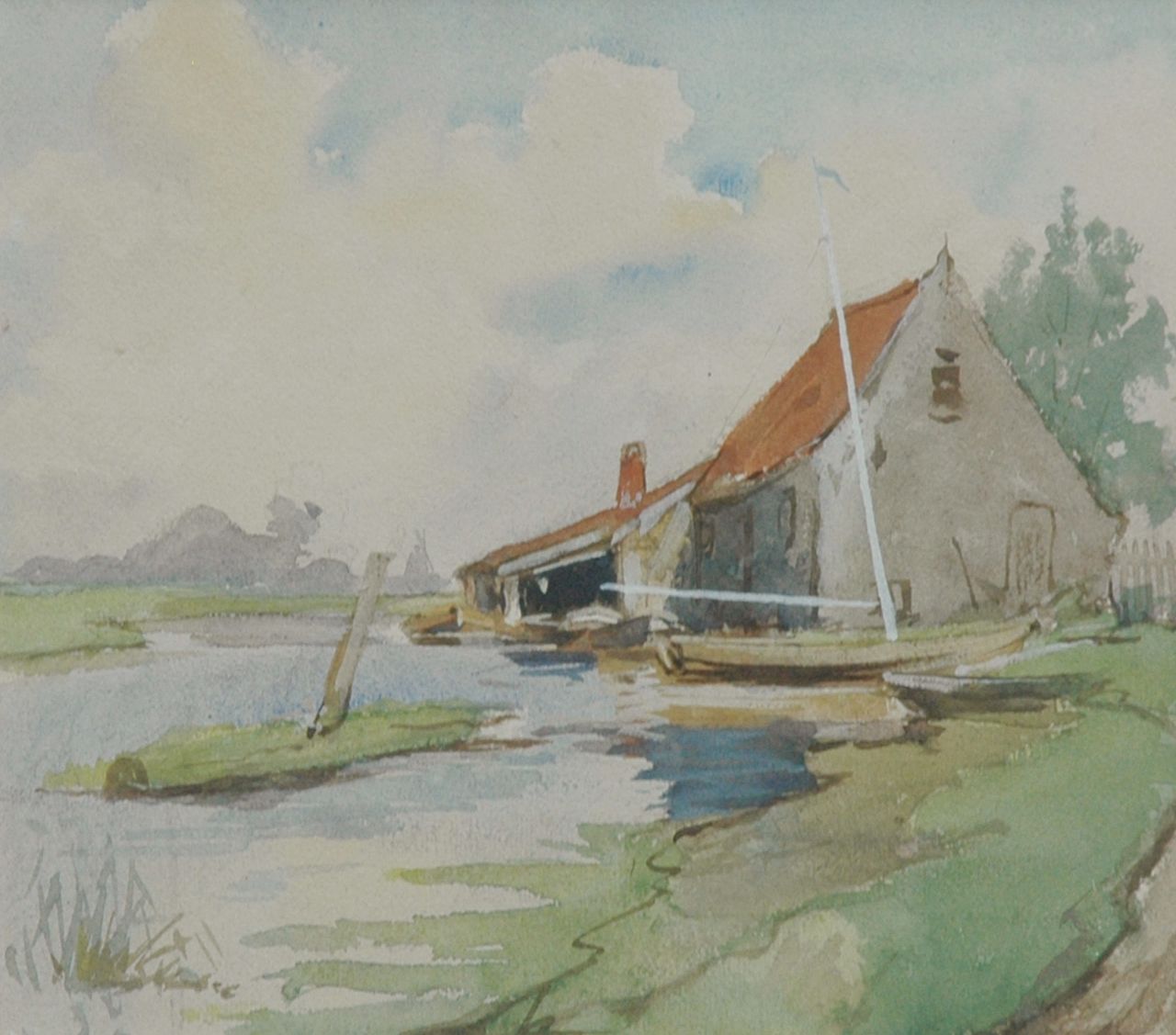 Fritzlin M.C.L. | Maria Charlotta 'Louise' Fritzlin, Boerderij aan het water, 's-Graveland, aquarel op papier 25,2 x 27,5 cm Fritzlin M.C.L. | Maria Charlotta 'Louise' Fritzlin, Boerderij aan het water, 's-Graveland, aquarel op papier 25,2 x 27,5 cm