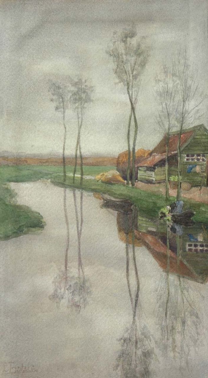 Fritzlin M.C.L.  | Maria Charlotta 'Louise' Fritzlin, Boerderij met bomen aan het water, aquarel op papier 37,5 x 21,4 cm, gesigneerd linksonder