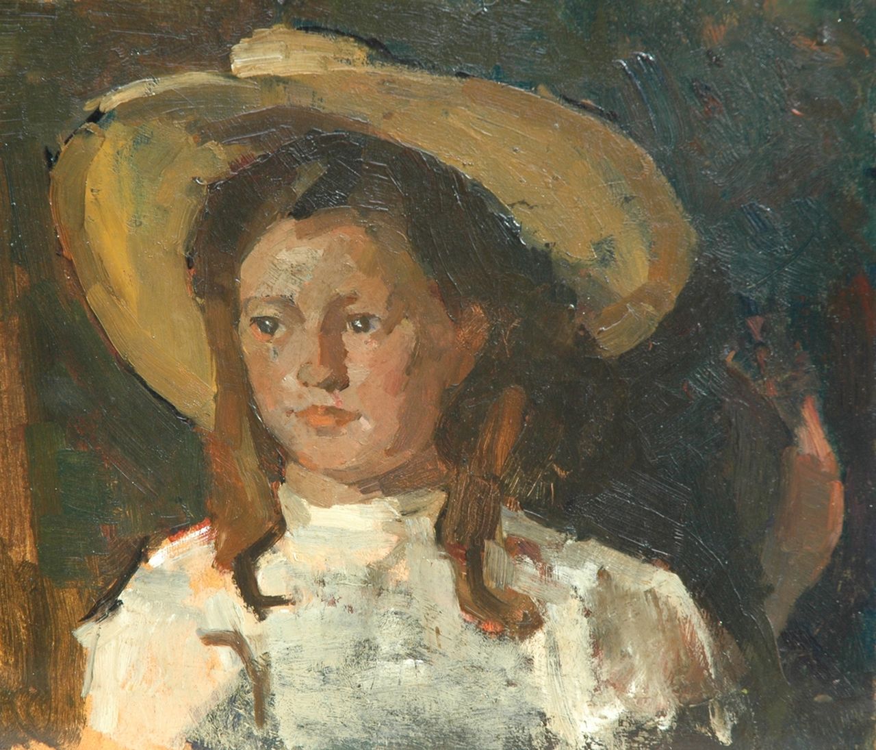 Fritzlin M.C.L.  | Maria Charlotta 'Louise' Fritzlin, Fokeltje met gele hoed, olieverf op board op paneel 31,7 x 36,7 cm, te dateren 1908