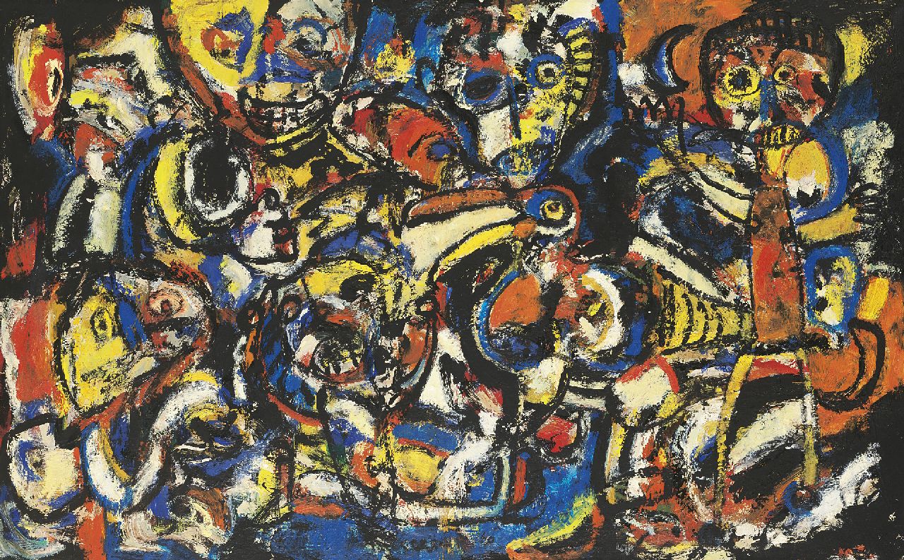 Gust Romijn | Compositie met figuren en dieren, olieverf op doek, 60,2 x 99,8 cm, gesigneerd m.o. en 1950