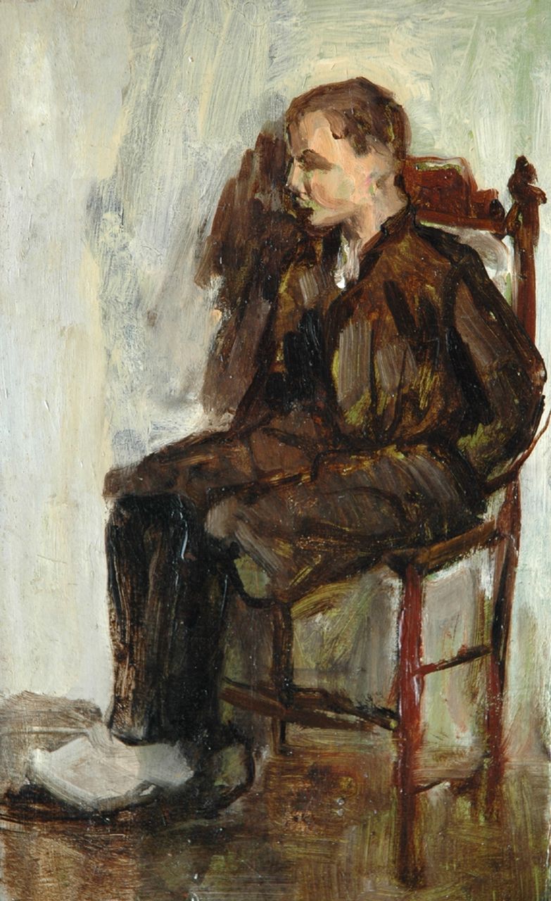Fritzlin M.C.L.  | Maria Charlotta 'Louise' Fritzlin, Zittende jongen, olieverf op board op paneel 24,8 x 15,3 cm, te dateren 1908