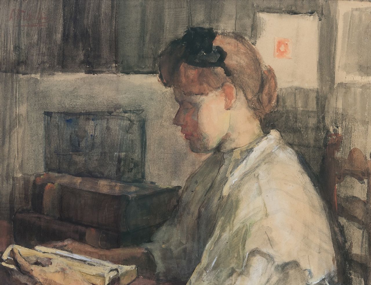 Fritzlin M.C.L.  | Maria Charlotta 'Louise' Fritzlin, Lezend meisje, aquarel op papier op board 32,5 x 42,0 cm, gesigneerd linksboven en te dateren 1908