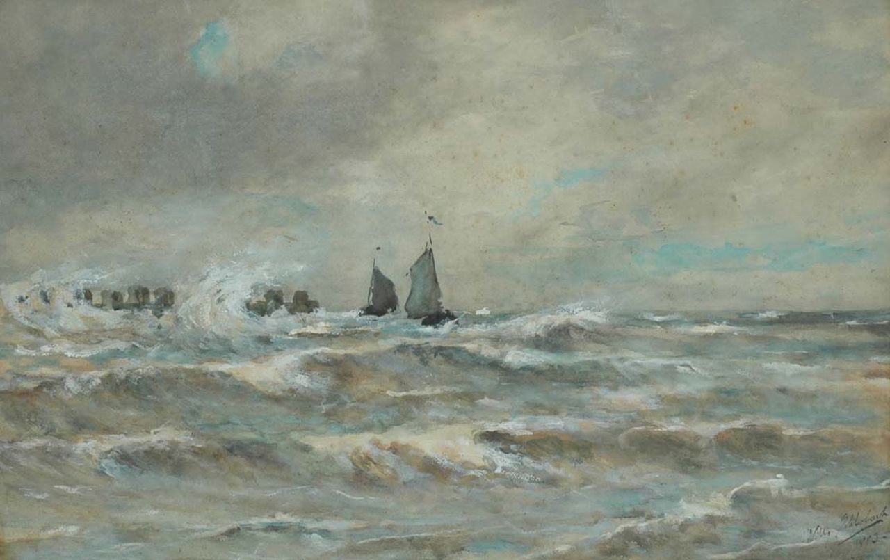 Schlobach W.H.  | 'Willy' Herman Schlobach, Schepen op zee, aquarel en gouache op papier op paneel 51,0 x 78,1 cm, gesigneerd rechtsonder en gedateerd 1883