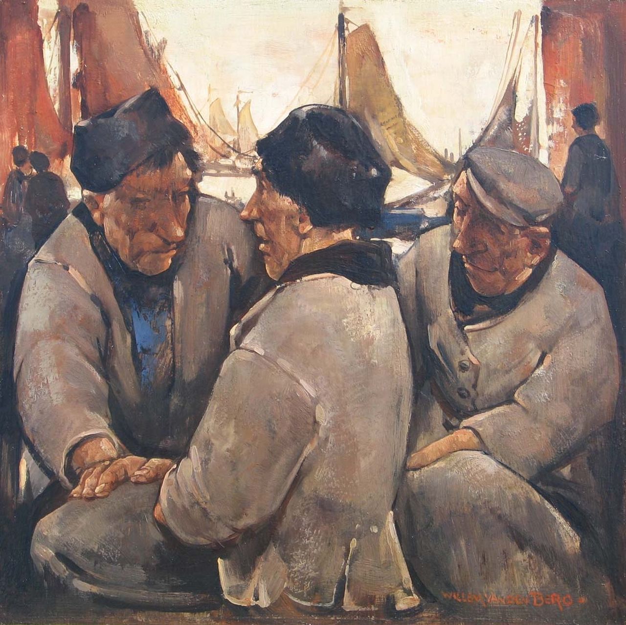 Berg W.H. van den | 'Willem' Hendrik van den Berg, Volendammer vissers, olieverf op paneel 25,5 x 25,5 cm, gesigneerd rechtsonder