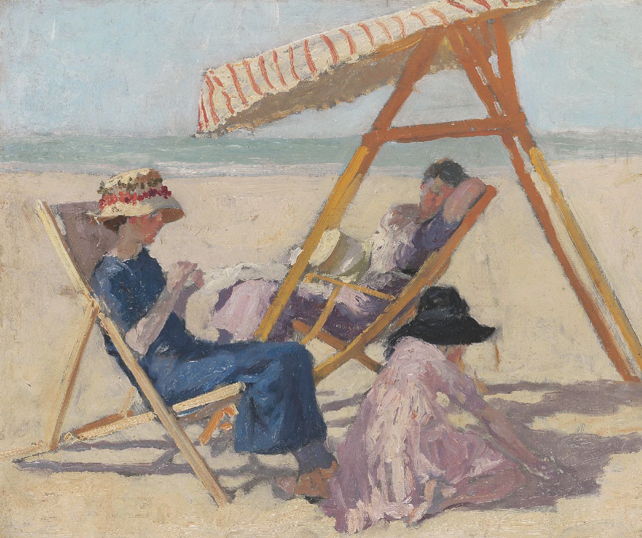 Smeers F.  | Frans Smeers, Op het strand (vrouw van de schilder met dochters Zinette en Nini); verso: Mariëtte, Margot en Zinette, dochters van de schilder, olieverf op paneel 44,0 x 54,5 cm, gesigneerd verso