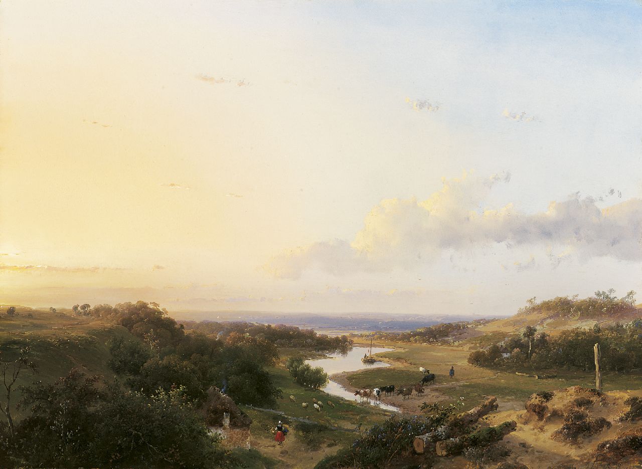Schelfhout A.  | Andreas Schelfhout, Herder met kudde in een riviervallei (tezamen met 7655), olieverf op paneel 35,8 x 48,8 cm, gesigneerd rechtsonder en gedateerd 1847