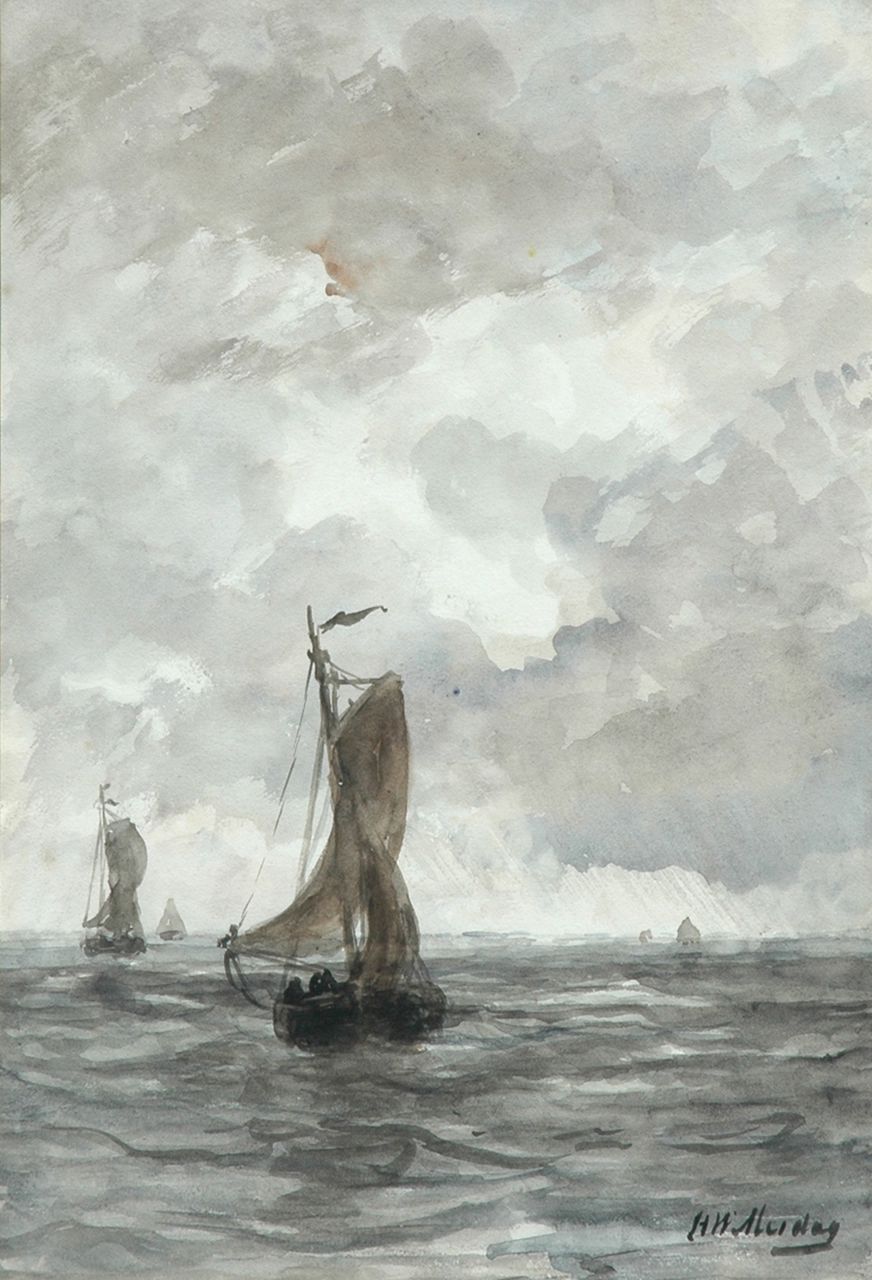 Mesdag H.W.  | Hendrik Willem Mesdag, Terugkerende bomschuiten, aquarel op papier 41,0 x 27,1 cm, gesigneerd rechtsonder