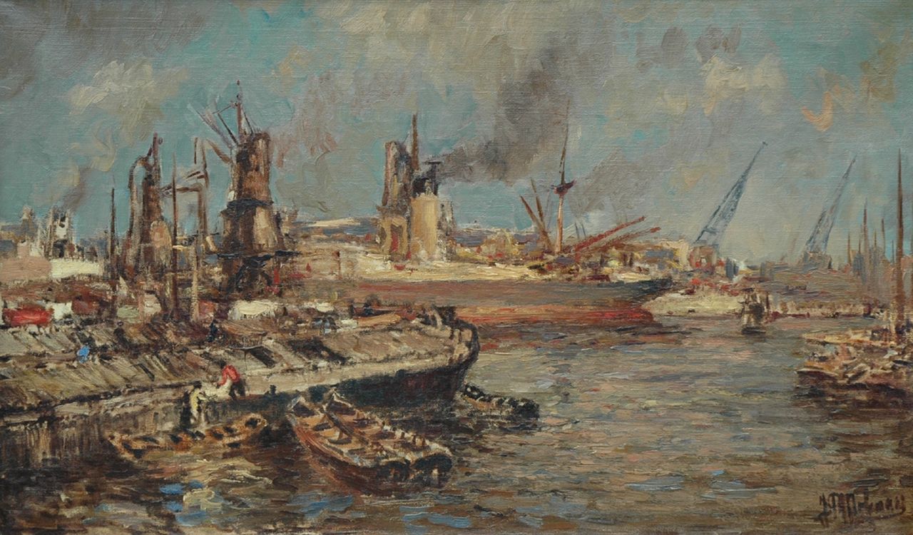 Molenaar J.P.  | Johannes Petrus 'Joop' Molenaar, De Rotterdamse haven, olieverf op doek 58,0 x 98,0 cm, gesigneerd rechtsonder