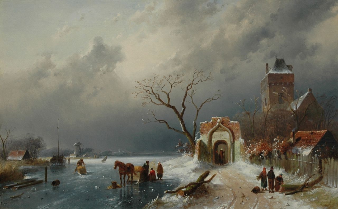 Leickert C.H.J.  | 'Charles' Henri Joseph Leickert, Winterlandschap met figuren op het ijs en een windmolen, olieverf op doek 48,3 x 76,3 cm, gesigneerd linksonder en gedateerd '66