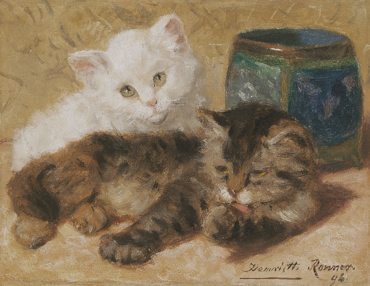 Ronner-Knip H.  | Henriette Ronner-Knip, Twee jonge katjes, olieverf op papier op paneel 18,0 x 23,0 cm, gesigneerd rechtsonder en gedateerd '96