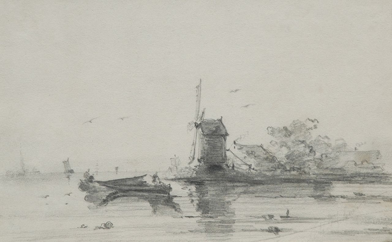 Schelfhout A.  | Andreas Schelfhout, Rivierbocht met molen, potlood op papier 16,8 x 24,6 cm, gesigneerd rechtsonder en gedateerd 1848