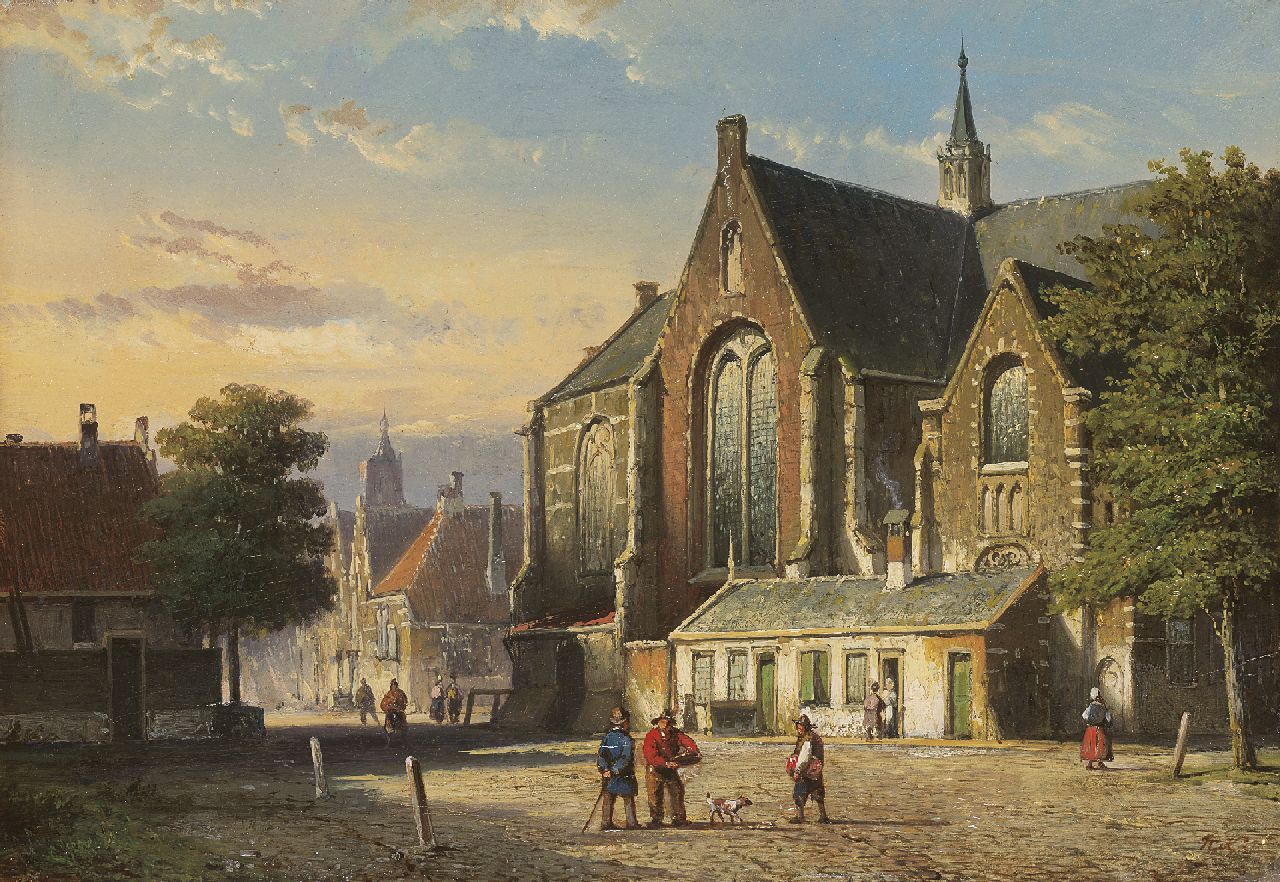 Koekkoek W.  | Willem Koekkoek, Figuren op een kerkplein (geïnspireerd op de St. Janskerk te Utrecht), olieverf op paneel 21,5 x 31,2 cm, gesigneerd rechtsonder met initialen en te dateren 1860