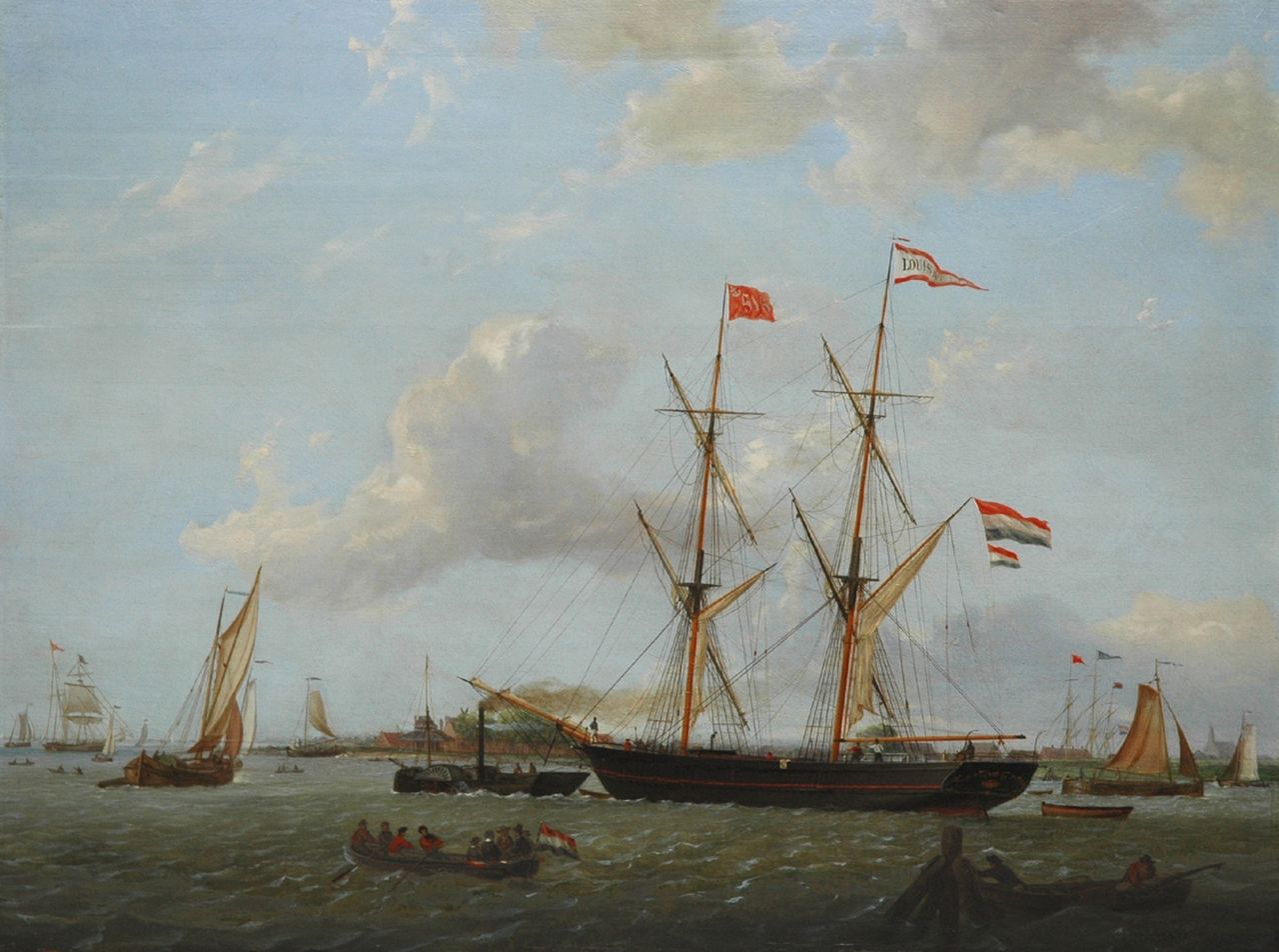Morel C.J.  | Casparus Johannes Morel, De brik Louisa op weg naar open water (pendant van 10880), olieverf op paneel 37,5 x 50,1 cm, gesigneerd rechtsonder en gedateerd 1855