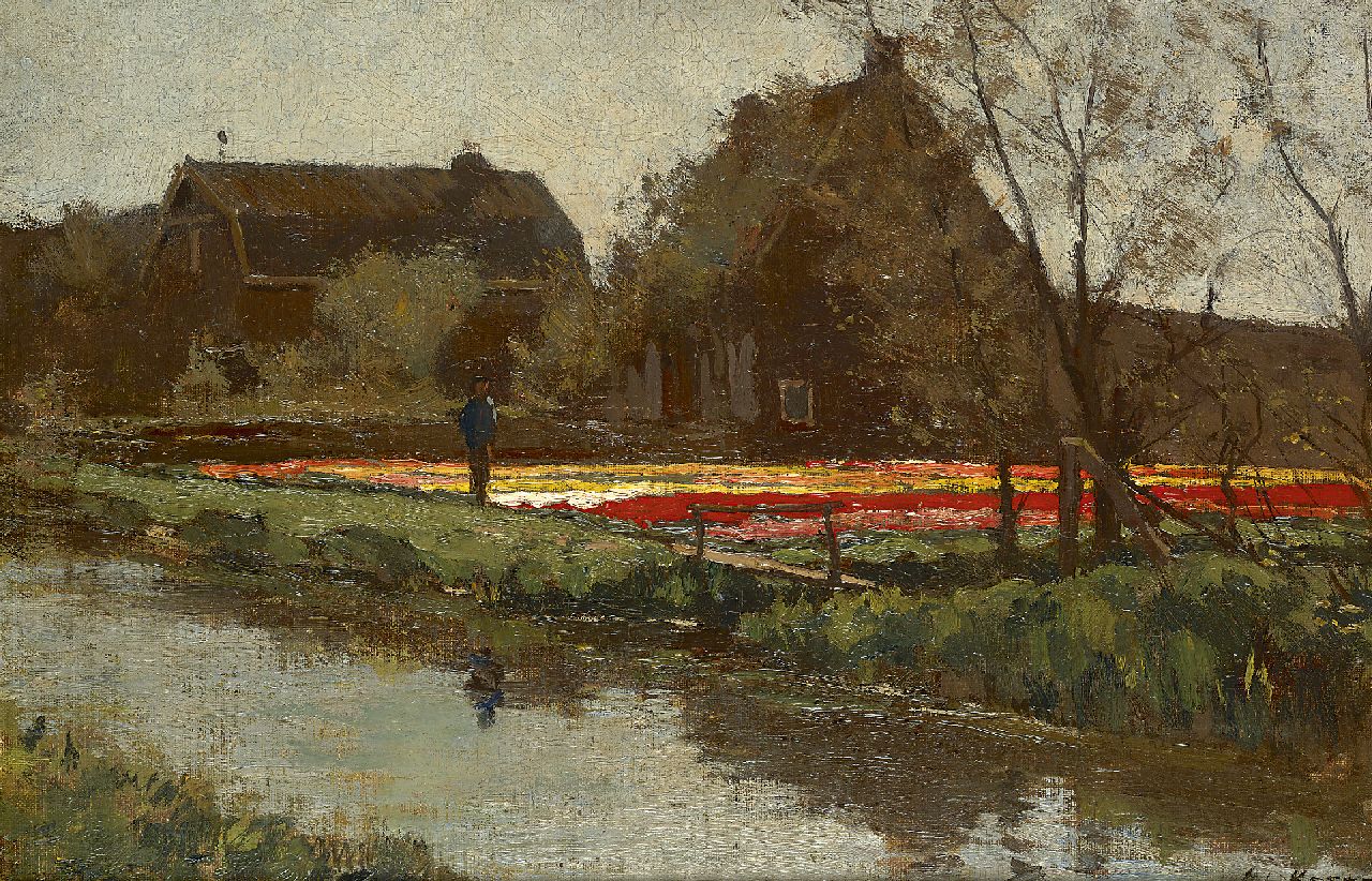 Koster A.L.  | Anton Louis 'Anton' Koster, Tulpenvelden in het voorjaar, olieverf op doek op board 29,8 x 43,7 cm, gesigneerd rechtsonder