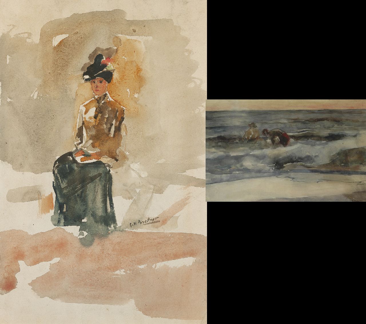 Breitner G.H.  | George Hendrik Breitner, Een elegante vrouw, zittend; verso: Badende jongens in de branding, aquarel op papier 53,6 x 34,9 cm, gesigneerd rechts van het midden en verso