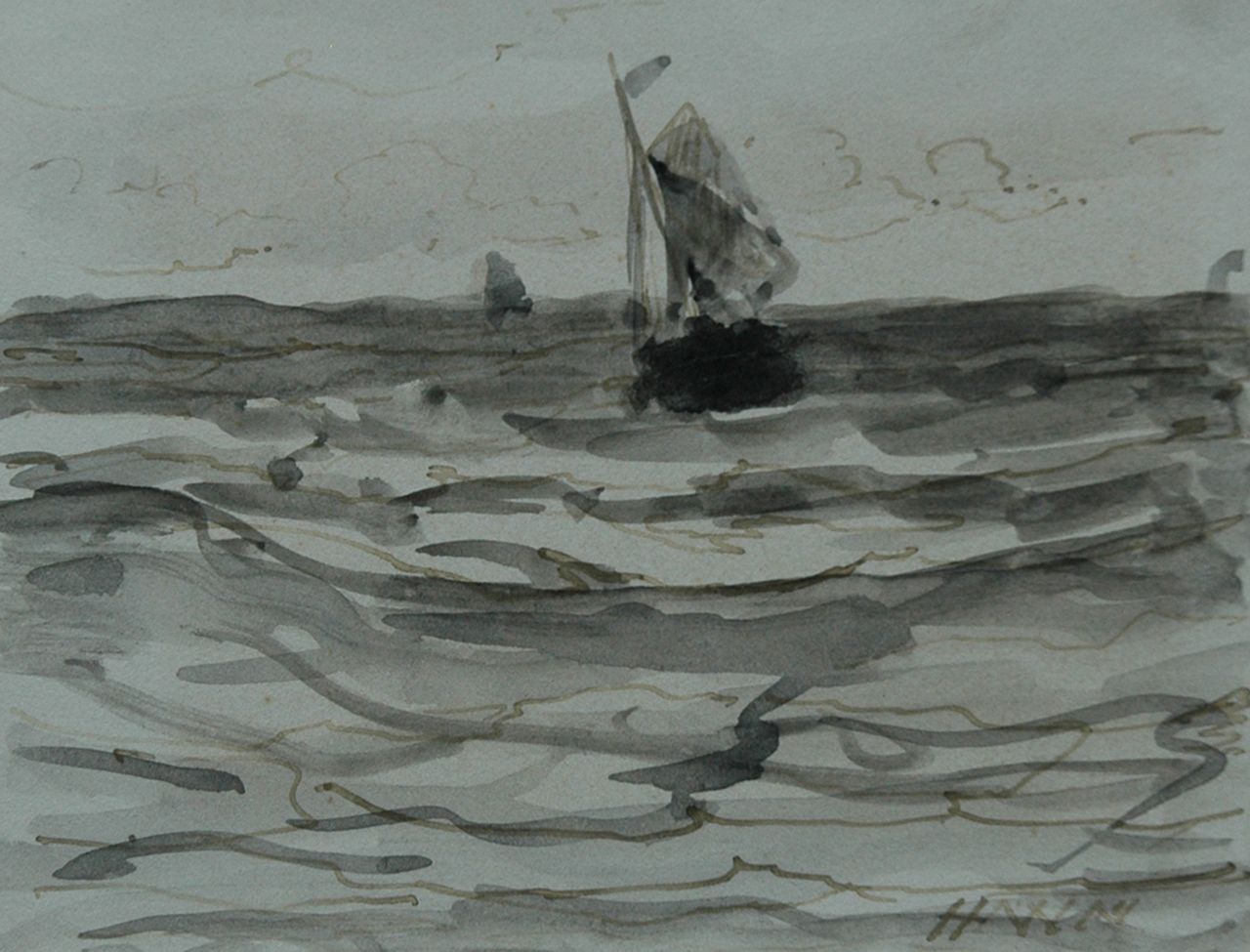 Mesdag H.W.  | Hendrik Willem Mesdag, Bomschuit op volle zee, penseel in zwarte inkt en aquarel op papier 8,7 x 11,2 cm, gesigneerd rechtsonder met initialen en verso gedateerd 's January 1893'
