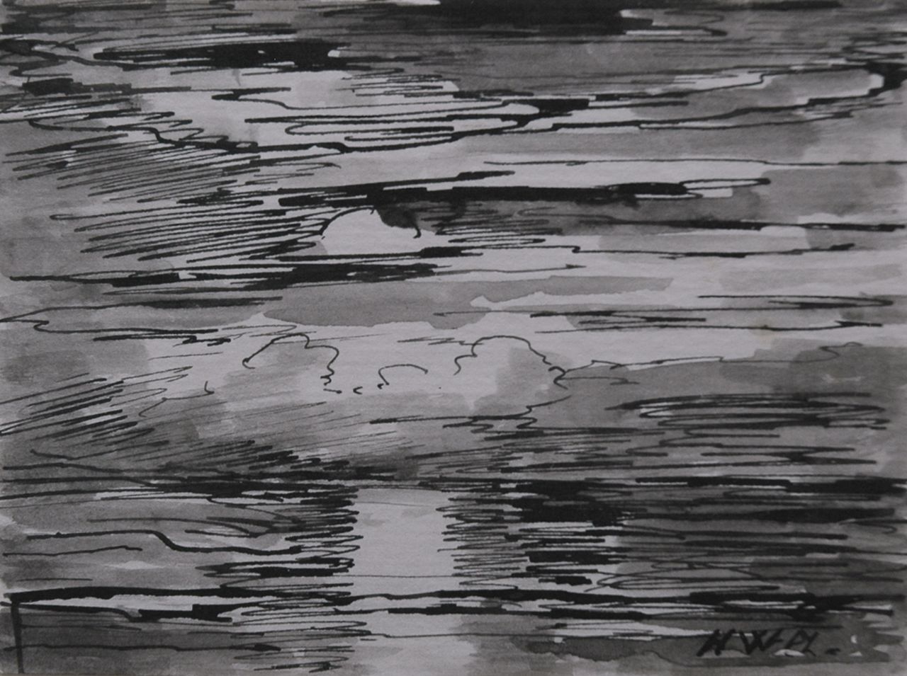 Mesdag H.W.  | Hendrik Willem Mesdag, Avondstemming op zee, pen en penseel in zwarte inkt op papier op karton 8,7 x 11,2 cm, gesigneerd rechtsonder met initialen