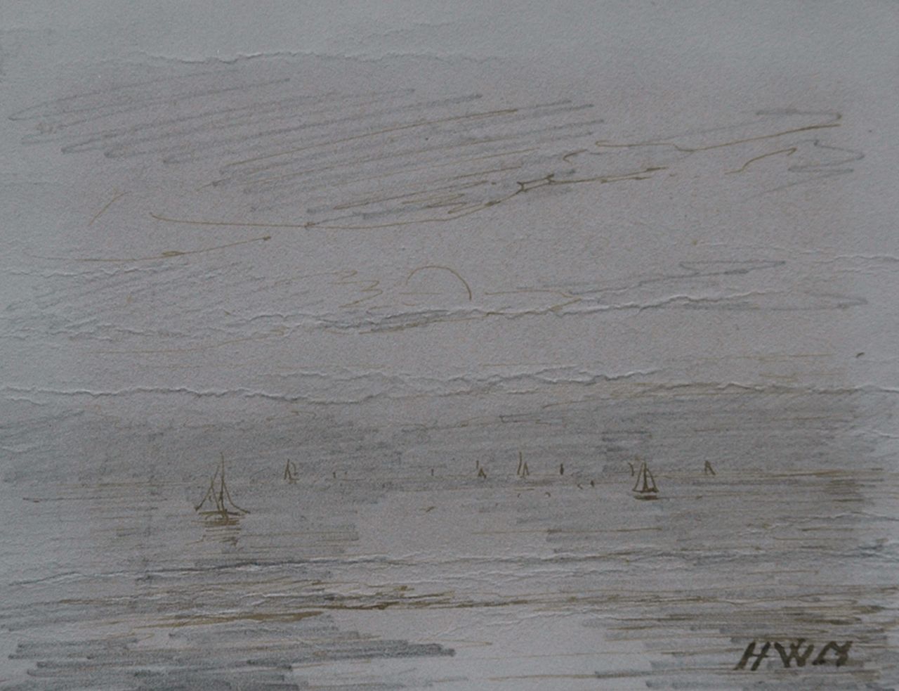 Mesdag H.W.  | Hendrik Willem Mesdag, Ondergaande zon; verso: bospad, potlood, pen in bruine inkt op papier 8,7 x 11,2 cm, gesigneerd rechtsonder en verso met initialen
