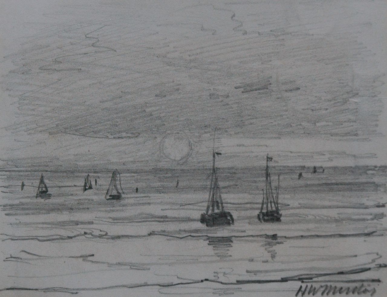 Mesdag H.W.  | Hendrik Willem Mesdag, Vissersschepen voor de kust, potlood op papier 8,7 x 11,2 cm, gesigneerd rechtsonder