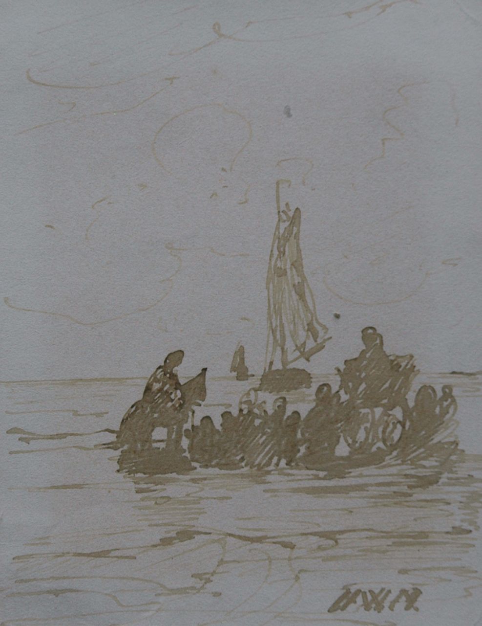 Mesdag H.W.  | Hendrik Willem Mesdag, Het opwachten van de vloot, pen in bruine inkt op papier 11,2 x 8,7 cm, gesigneerd rechtsonder met initialen