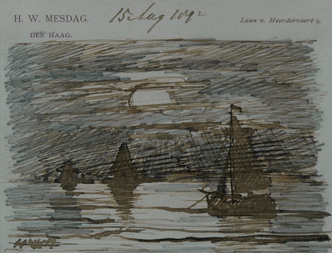Mesdag H.W.  | Hendrik Willem Mesdag, Schepen bij ondergaande zon, potlood, pen in bruine inkt op papier 8,7 x 11,2 cm, gesigneerd linksonder met initialen en gedateerd 15 Aug. 1892