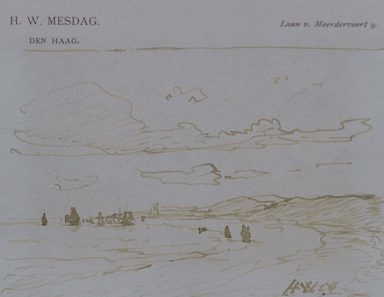 Mesdag H.W.  | Hendrik Willem Mesdag, Zicht vanaf het duin, pen in bruine inkt op papier 8,7 x 11,2 cm, gesigneerd rechtsonder met initialen