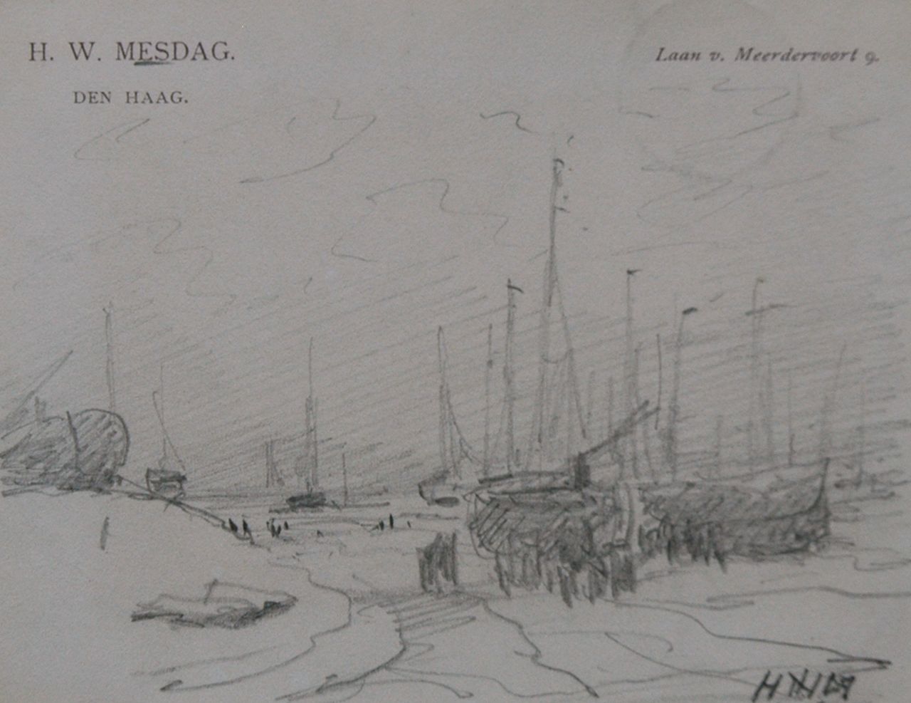 Mesdag H.W.  | Hendrik Willem Mesdag, Vissers en schepen op het strand, potlood op papier 8,7 x 11,2 cm, gesigneerd rechtsonder met initialen
