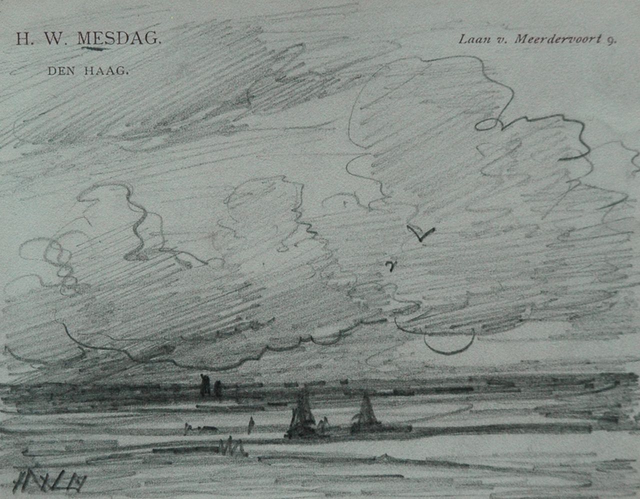 Mesdag H.W.  | Hendrik Willem Mesdag, Strand bij ondergaande zon, potlood op papier 8,7 x 11,2 cm, gesigneerd linksonder met initialen