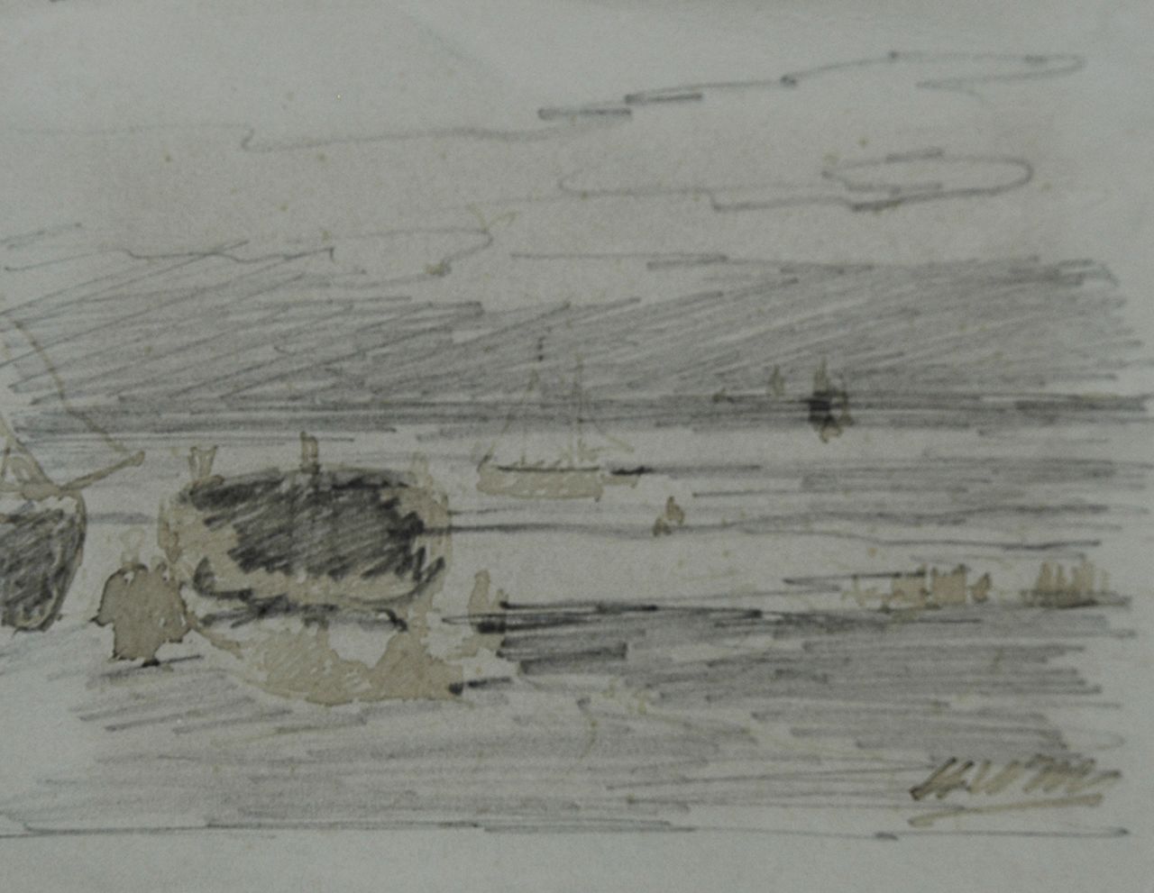Mesdag H.W.  | Hendrik Willem Mesdag, Vissersvolk en bommen op het strand, potlood, pen in bruine inkt op papier 8,7 x 11,2 cm, gesigneerd rechtsonder met initialen