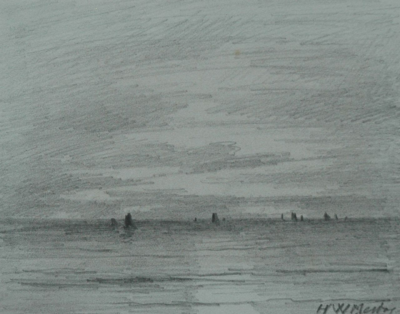 Mesdag H.W.  | Hendrik Willem Mesdag, De zee bij Scheveningen, potlood op papier 8,7 x 11,2 cm, gesigneerd rechtsonder en verso en verso gedateerd 'Scheveningen 9 July 1892'