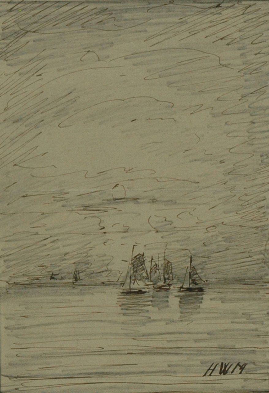 Mesdag H.W.  | Hendrik Willem Mesdag, Schepen op zee, potlood, pen in zwarte inkt op papier 13,7 x 9,9 cm, gesigneerd rechtsonder met initialen