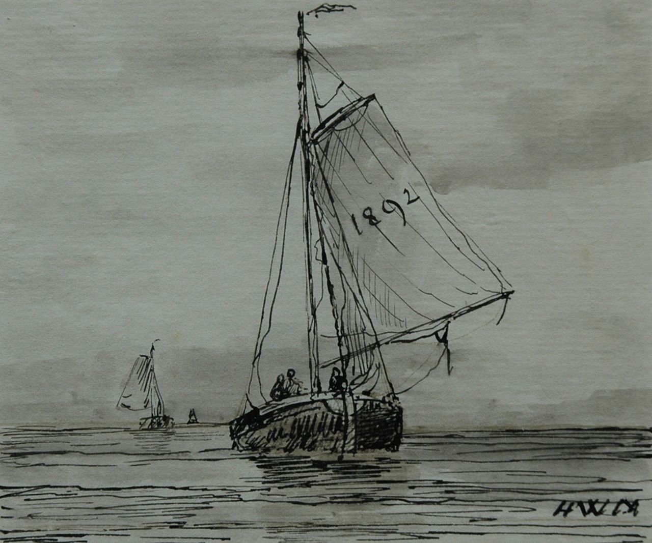 Mesdag H.W.  | Hendrik Willem Mesdag, Terugkerende bomschuit, pen en penseel in inkt op papier 9,6 x 11,5 cm, gesigneerd rechtsonder met initialen en gedateerd 1892 op het zeil