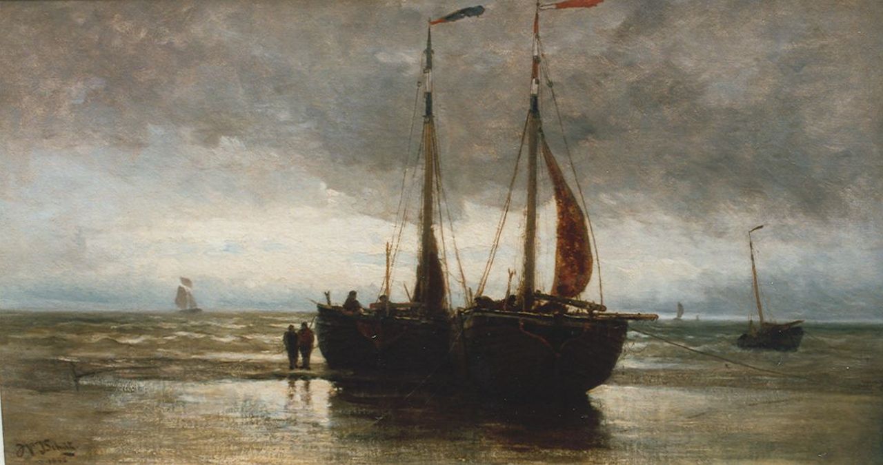 Schütz W.J.  | Willem Johannes Schütz, Vissersboten op het strand, olieverf op doek 45,5 x 82,5 cm, gesigneerd linksonder