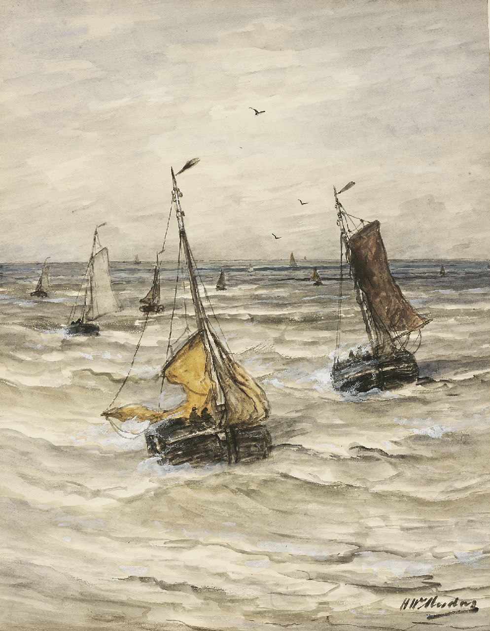 Mesdag H.W.  | Hendrik Willem Mesdag, Thuiskomst van de vloot, aquarel en gouache op papier op papier 52,8 x 40,4 cm, gesigneerd rechtsonder