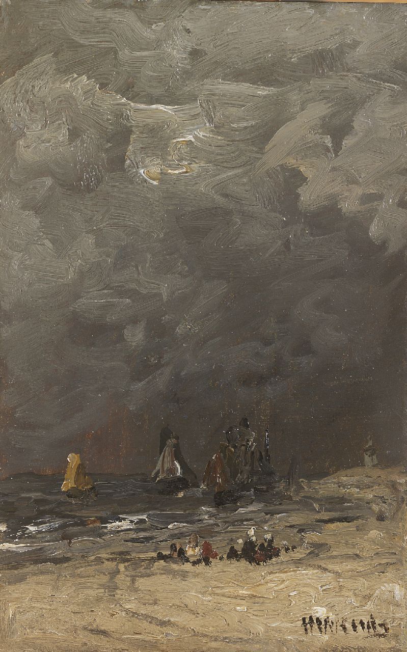 Mesdag H.W.  | Hendrik Willem Mesdag, De terugkeer van de vloot, olieverf op paneel 24,7 x 15,7 cm, gesigneerd rechtsonder