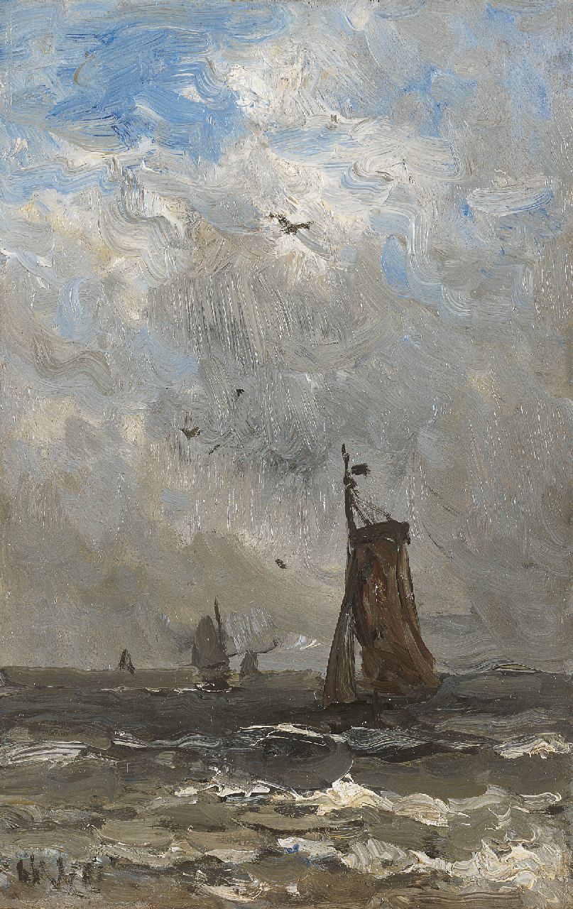 Mesdag H.W.  | Hendrik Willem Mesdag, Bomschuiten op volle zee, olieverf op paneel 24,7 x 15,7 cm, gesigneerd linksonder met initialen